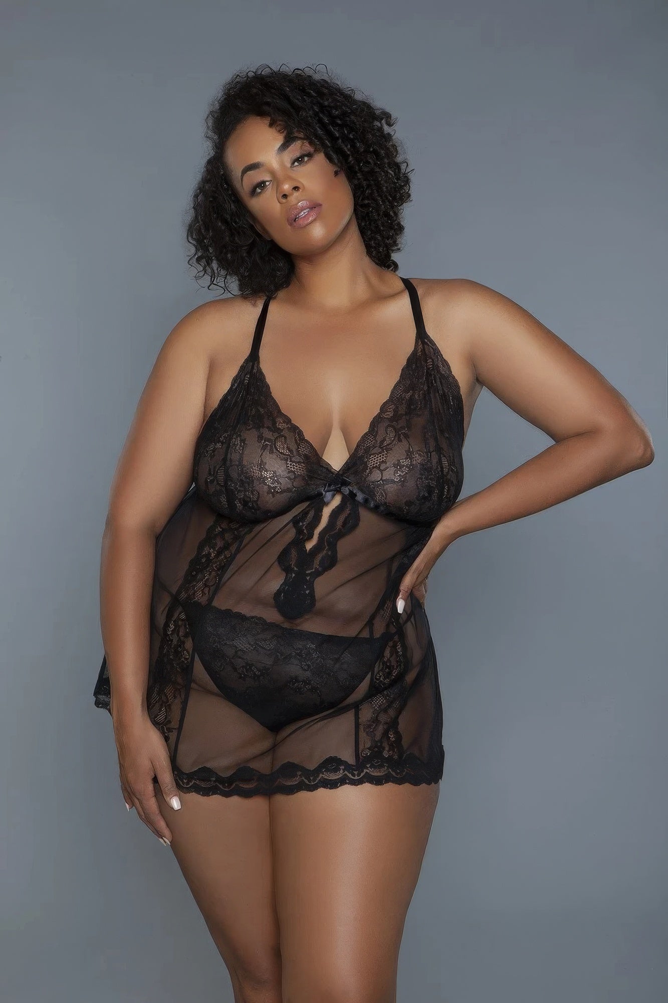 Unlined Lace Cups Babydoll Sheer Mesh And Lace Front Panels Design 2 Pc