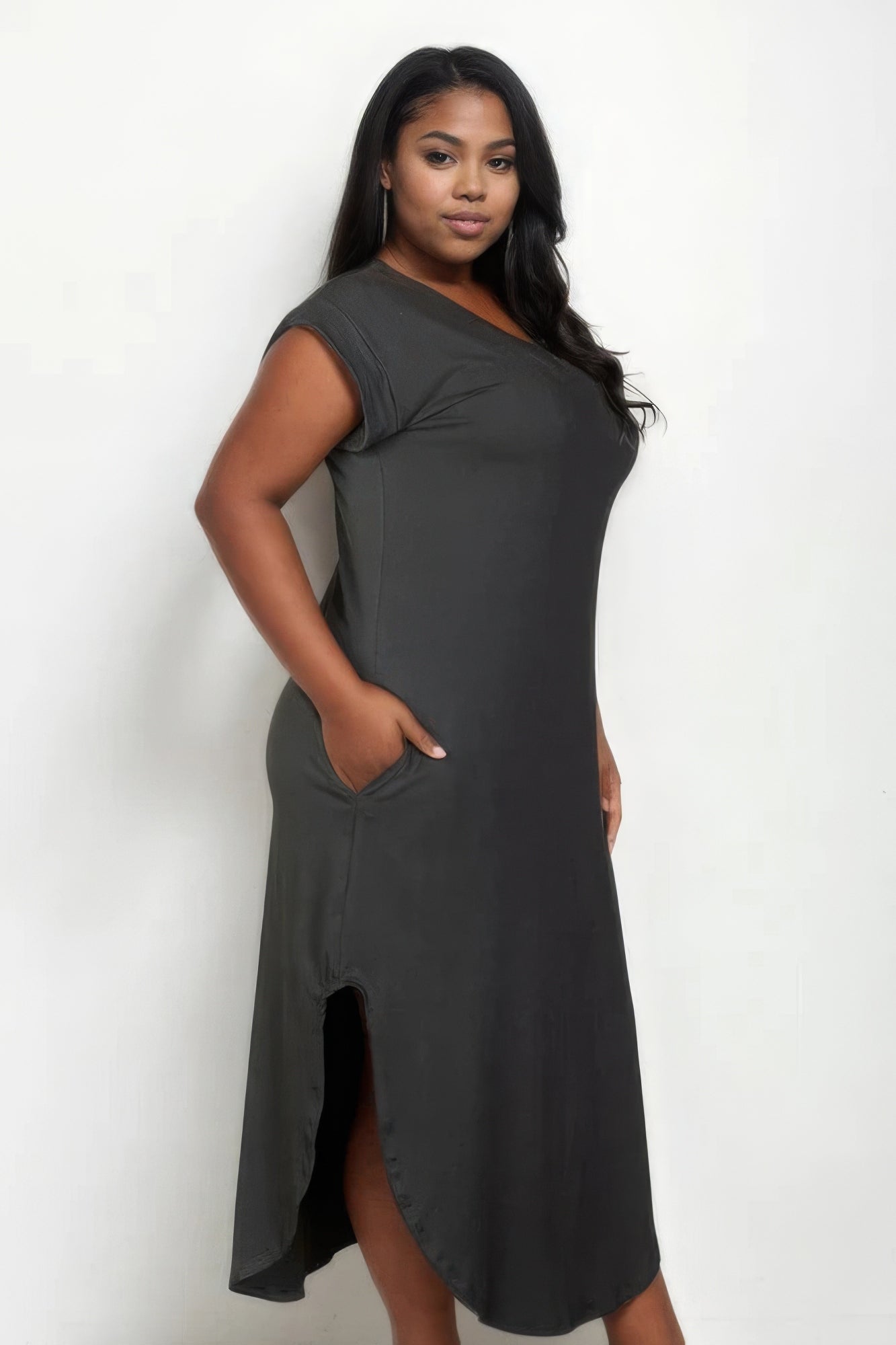 Batwing Sleeve V Neck Long Dress Hidden Pocket